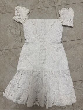 black lace ladder detail frill hem bodycon dress L'AGENCE Lindsay Off Shoulder Lace Sequin Dress in Black main image 1